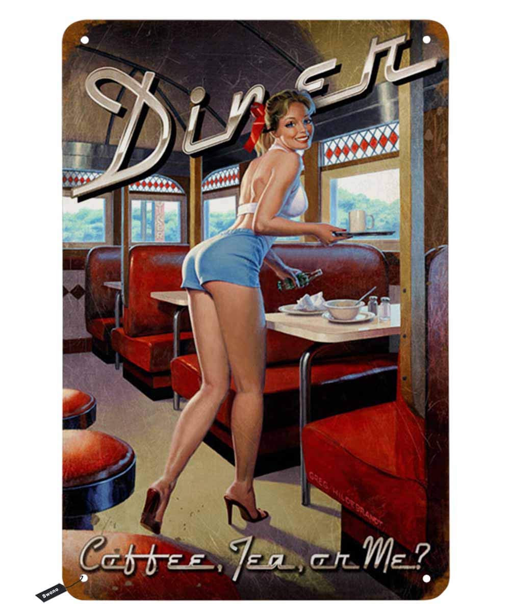 Coffee Tea Me - Swono Dinner Blechschilder, Pin-up-Girl lächelt beim